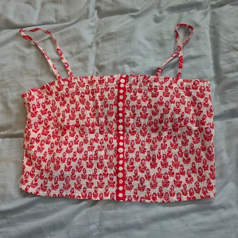 Roller Rabbit Womens XXL Red White Floral Smocked Crop Cami Top Button Front